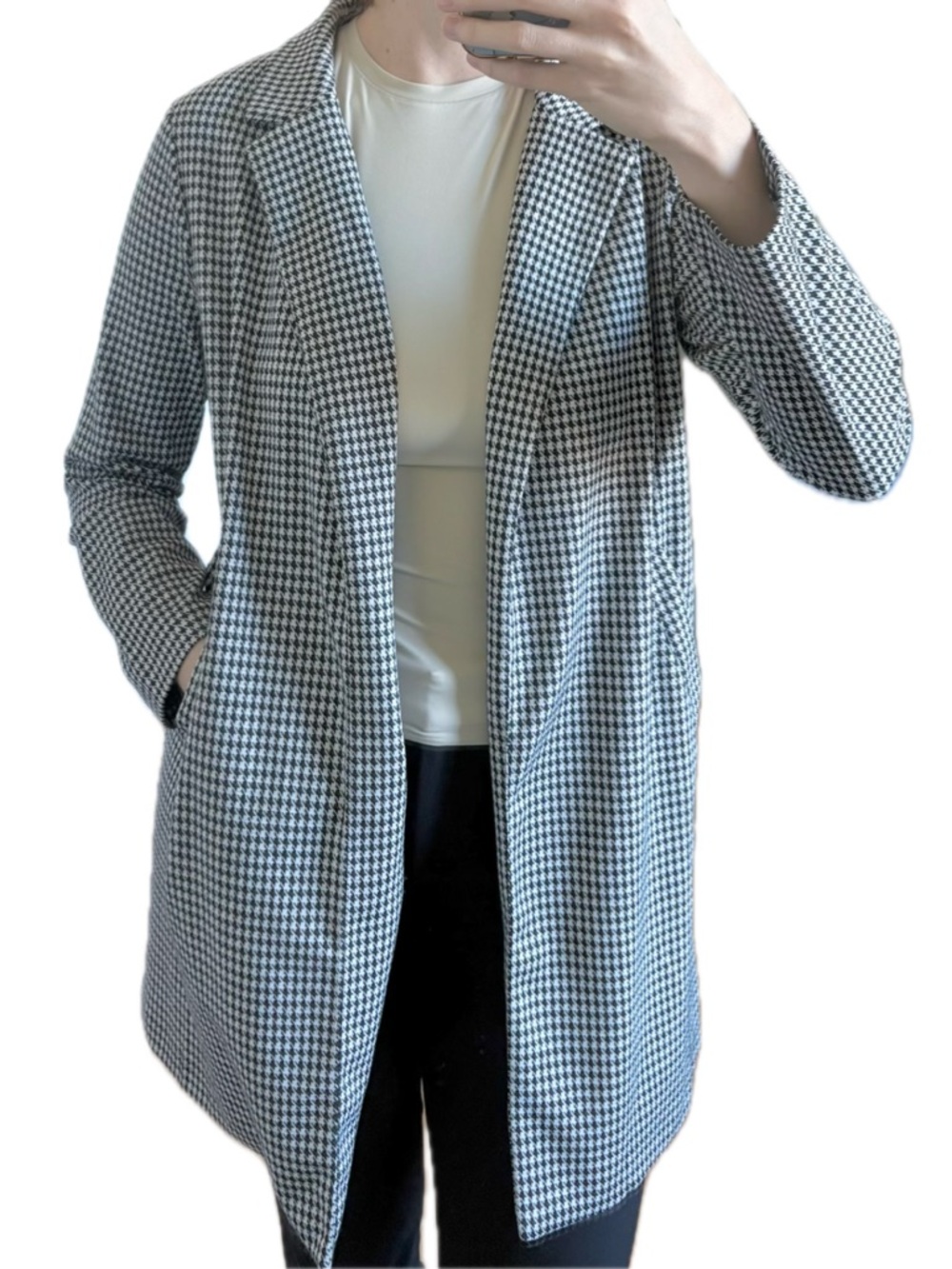 MELLODAY Black White Houndstooth Longline Jacket Size Small Classic